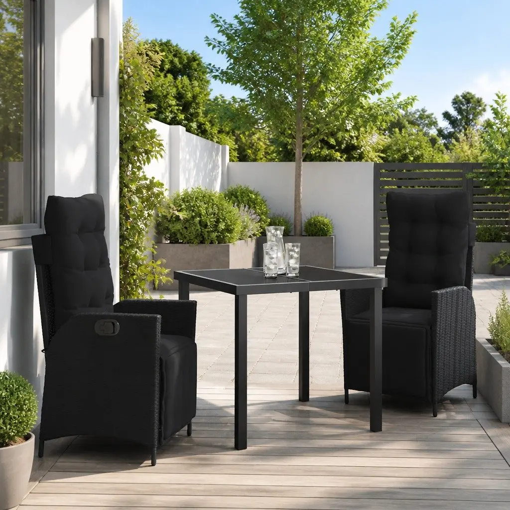 3 Piece Garden Furniture Set Black Poly Rattan Outdoor Dining Table with Cushions