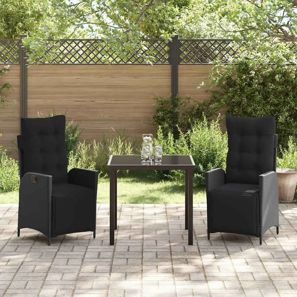 3 Piece Garden Furniture Set Black Poly Rattan Outdoor Dining Table with Cushions
