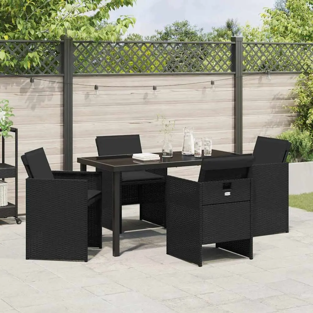 Outdoor Garden Dining Set 5 Pieces Black Poly Rattan Steel Frame Tempered Glass