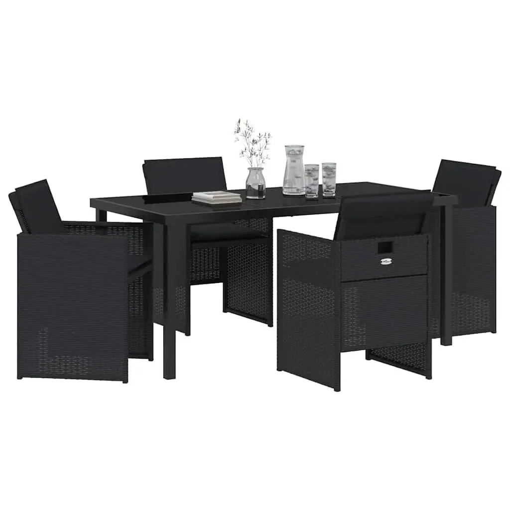 Outdoor Dining Set 5 Piece Black Poly Rattan Steel Frame Tempered Glass