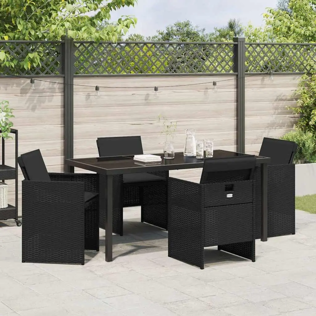Outdoor Dining Set 5 Piece Black Poly Rattan Steel Frame Tempered Glass