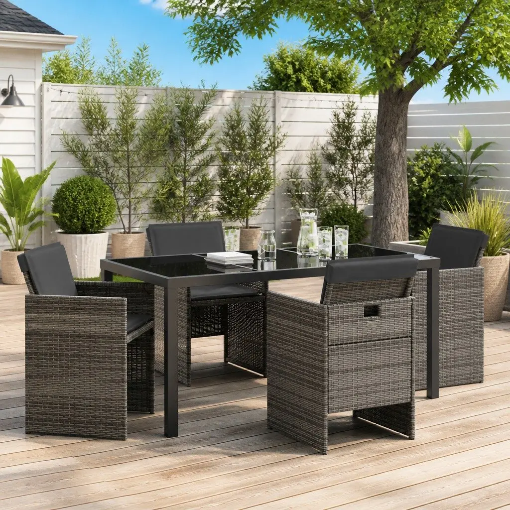 Garden Dining Set 5 Pieces Outdoor Furniture Steel Frame Poly Rattan Grey