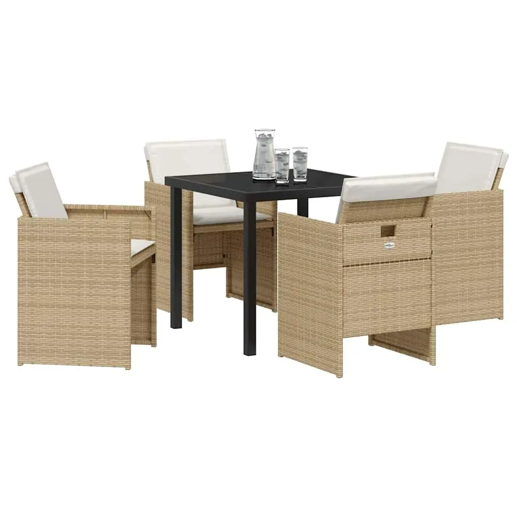 Garden Dining Set 5 Pieces Outdoor Furniture Beige Metal Frame Tempered Glass Table Poly Rattan Chairs