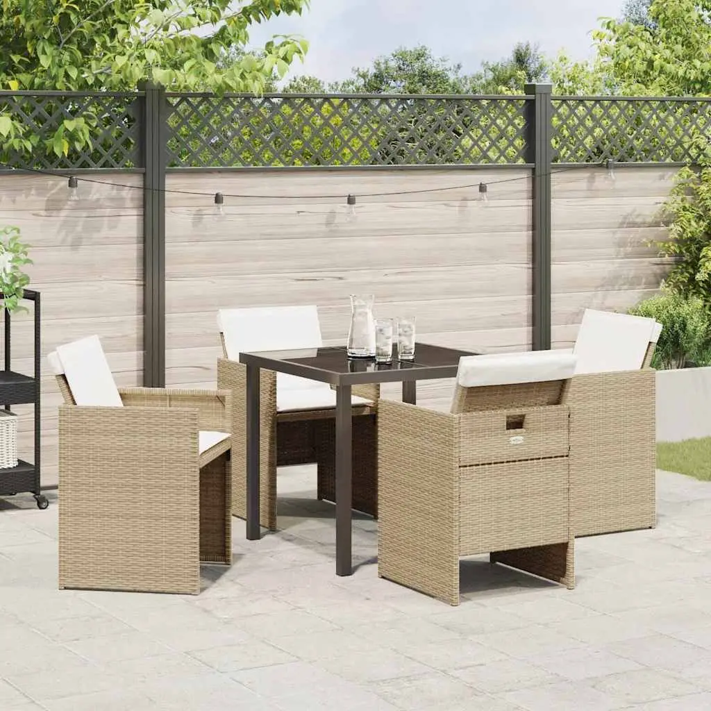 Garden Dining Set 5 Pieces Outdoor Furniture Beige Metal Frame Tempered Glass Table Poly Rattan Chairs