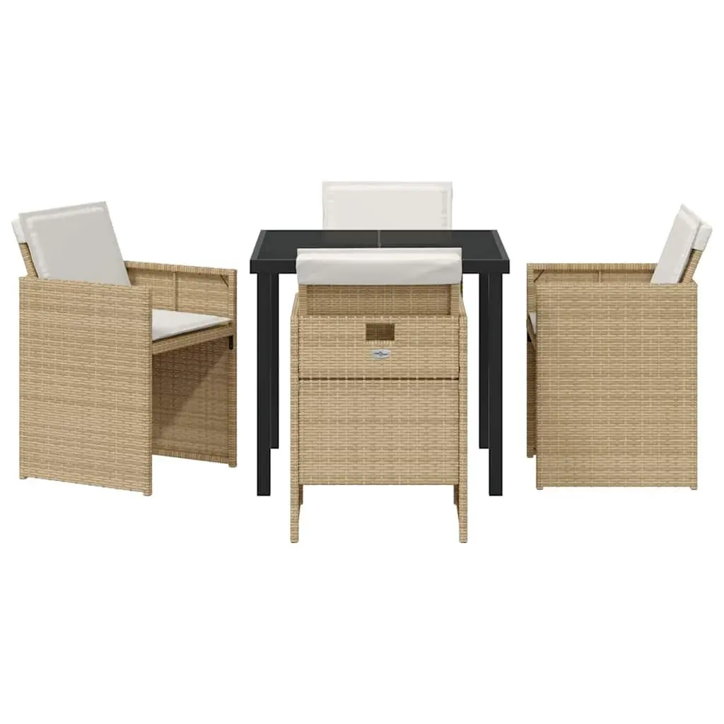 Garden Dining Set 5 Pieces Outdoor Furniture Beige Metal Frame Tempered Glass Table Poly Rattan Chairs