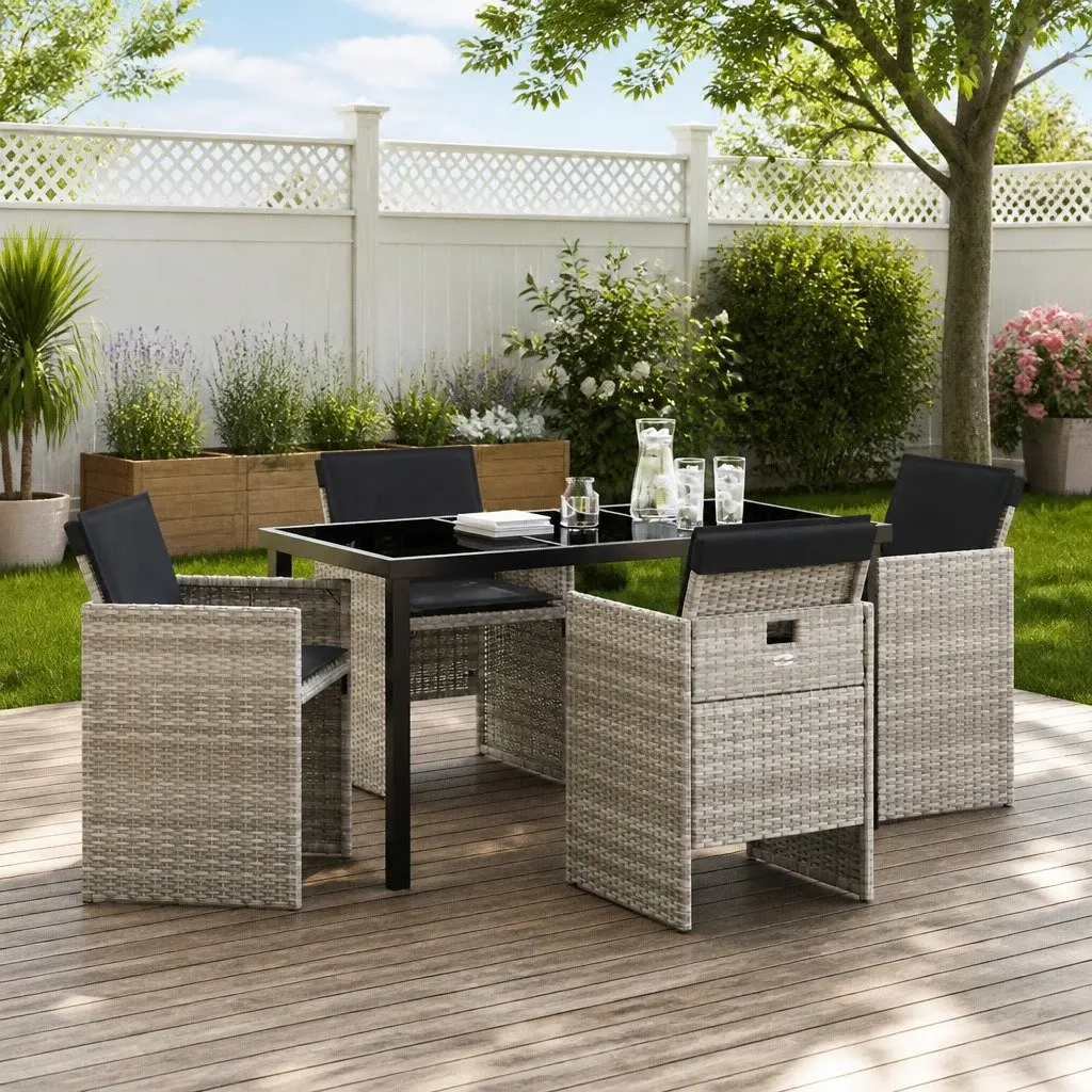 Garden Dining Set 5 Pieces Outdoor Furniture Light Grey Poly Rattan Metal Frame