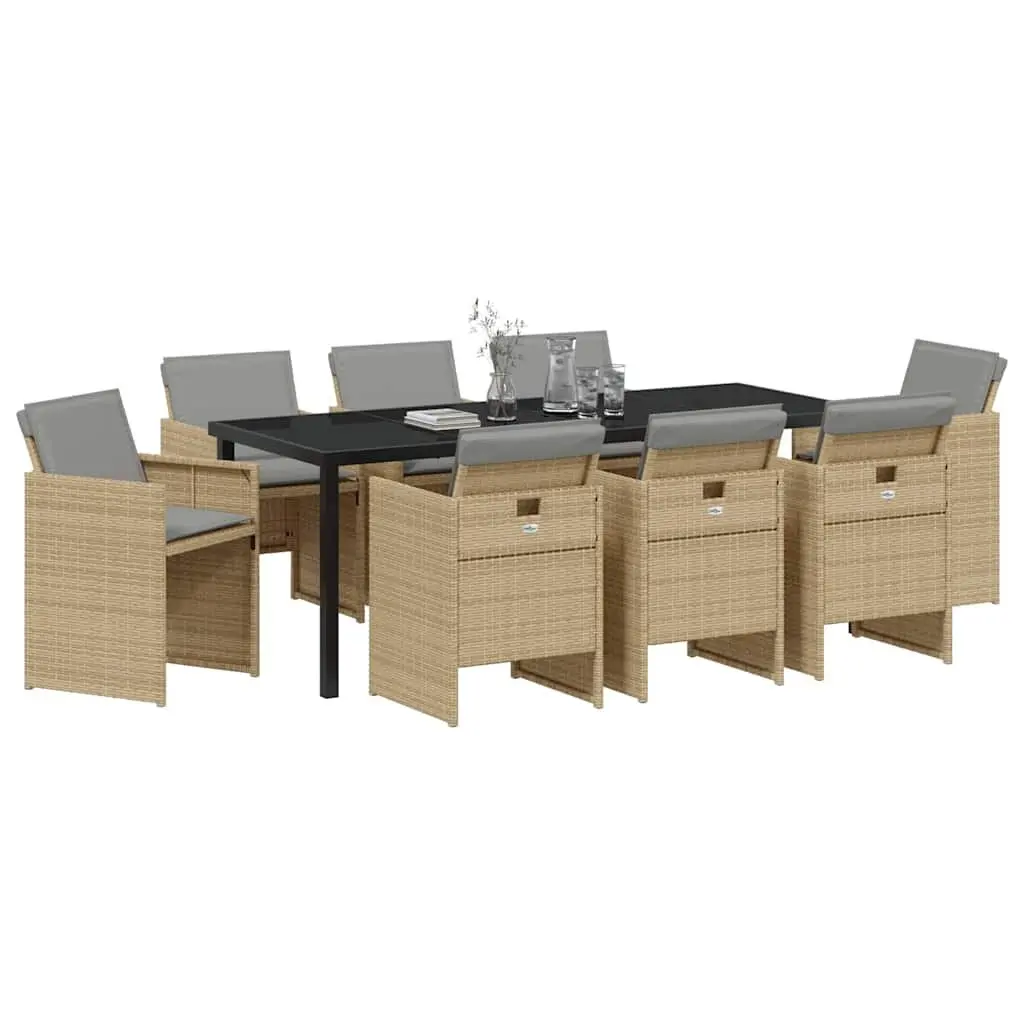 Garden Dining Set 9 Pieces Outdoor Furniture Beige Poly Rattan Metal Frame