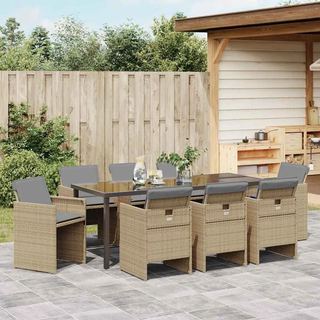 Garden Dining Set 9 Pieces Outdoor Furniture Beige Poly Rattan Metal Frame