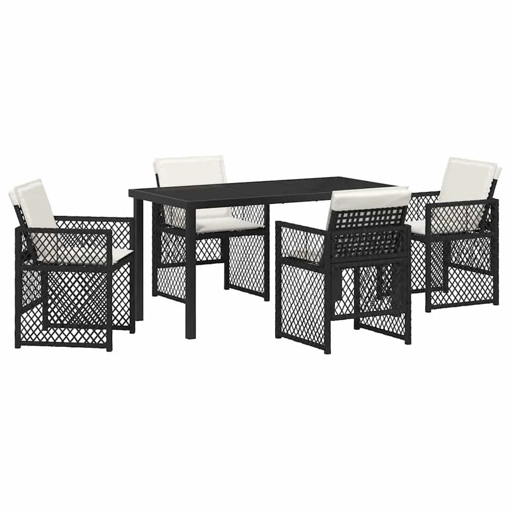 Garden Dining Set 5 Pieces Outdoor Furniture Black Poly Rattan Glass Top