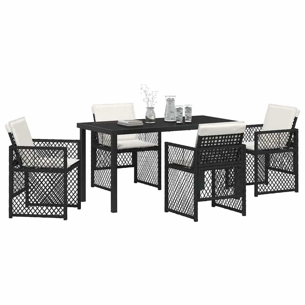 Garden Dining Set 5 Pieces Outdoor Furniture Black Poly Rattan Glass Top
