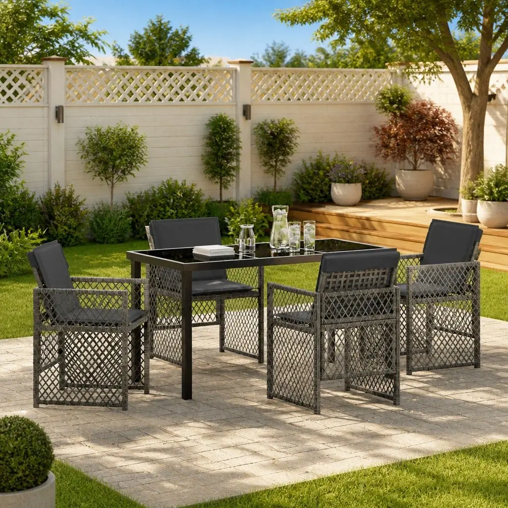 Garden Dining Set 5 Pieces Grey Poly Rattan Outdoor Furniture Patio Table Chairs