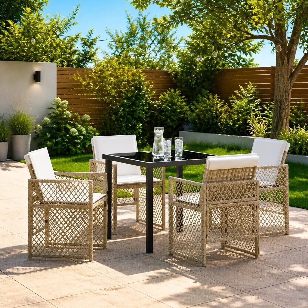 Outdoor Furniture Dining Set 5 Pieces Beige Poly Rattan Glass Table Patio