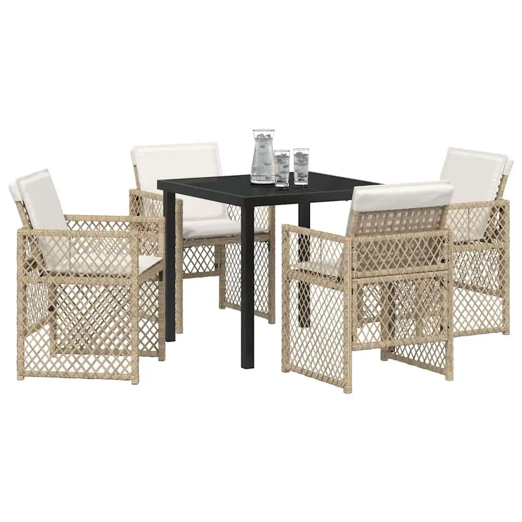Outdoor Furniture Dining Set 5 Pieces Beige Poly Rattan Glass Table Patio