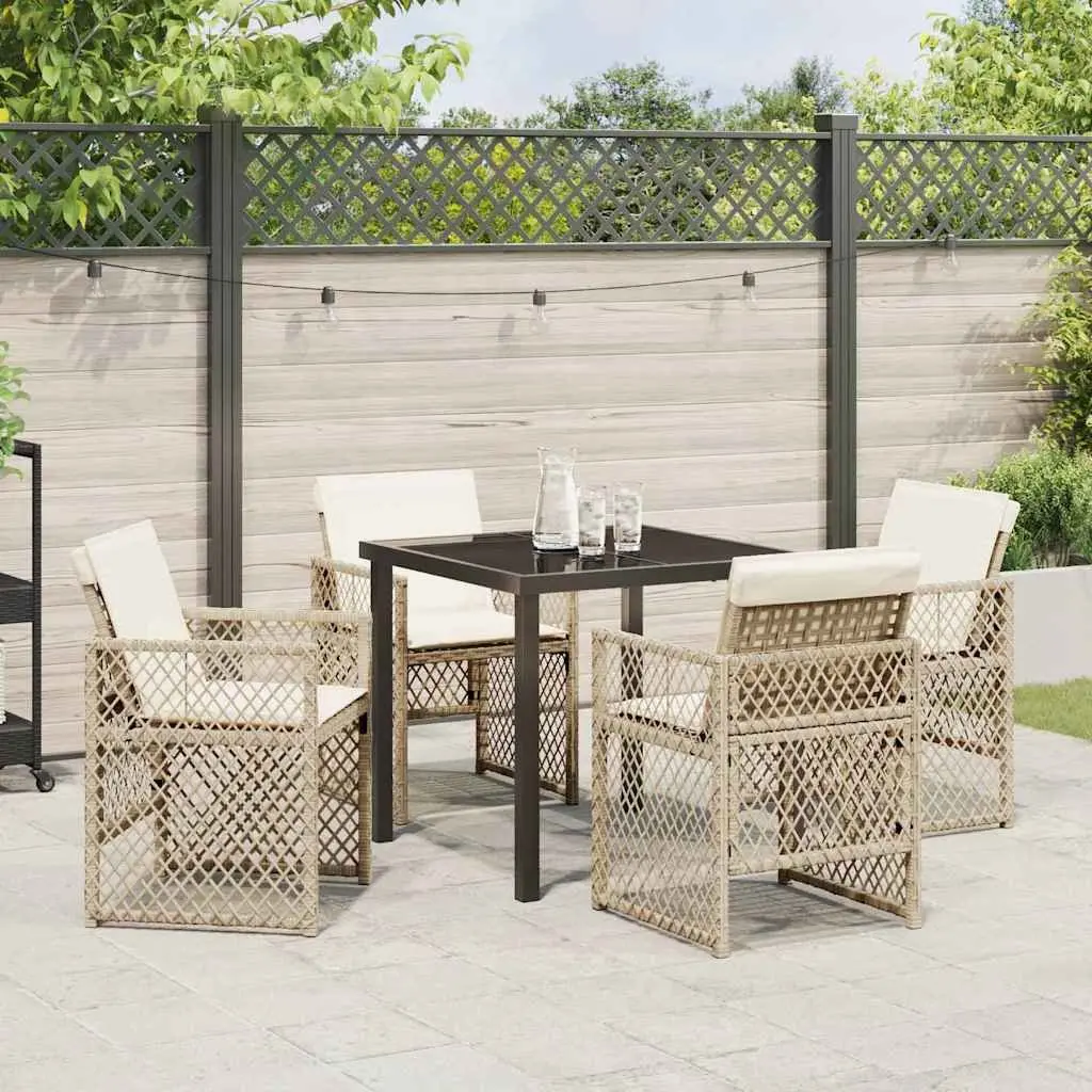Outdoor Furniture Dining Set 5 Pieces Beige Poly Rattan Glass Table Patio