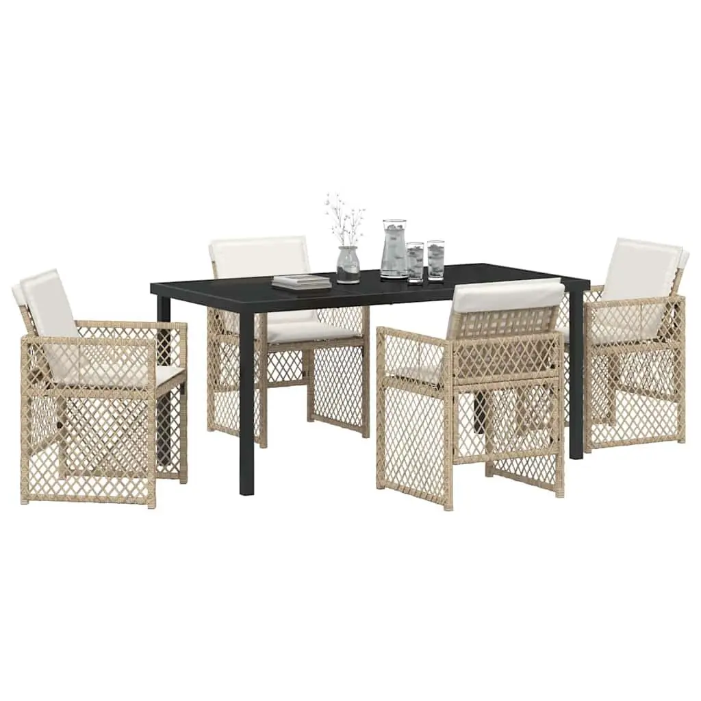 Garden Dining Set 5 Pieces Outdoor Furniture Tempered Glass Poly Rattan Beige