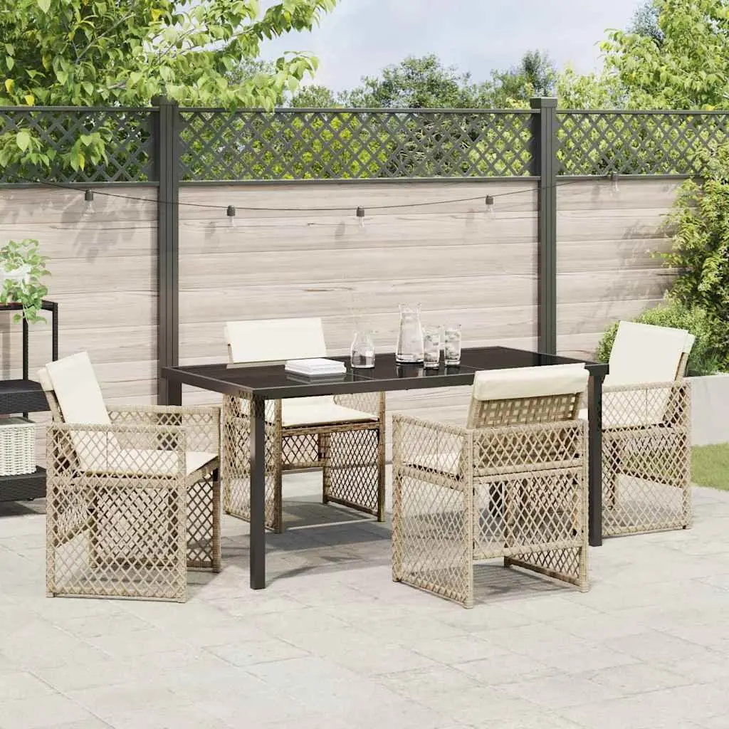 Garden Dining Set 5 Pieces Outdoor Furniture Tempered Glass Poly Rattan Beige