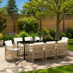 Reliable 9 Piece Outdoor Dining Set in Beige Rattan