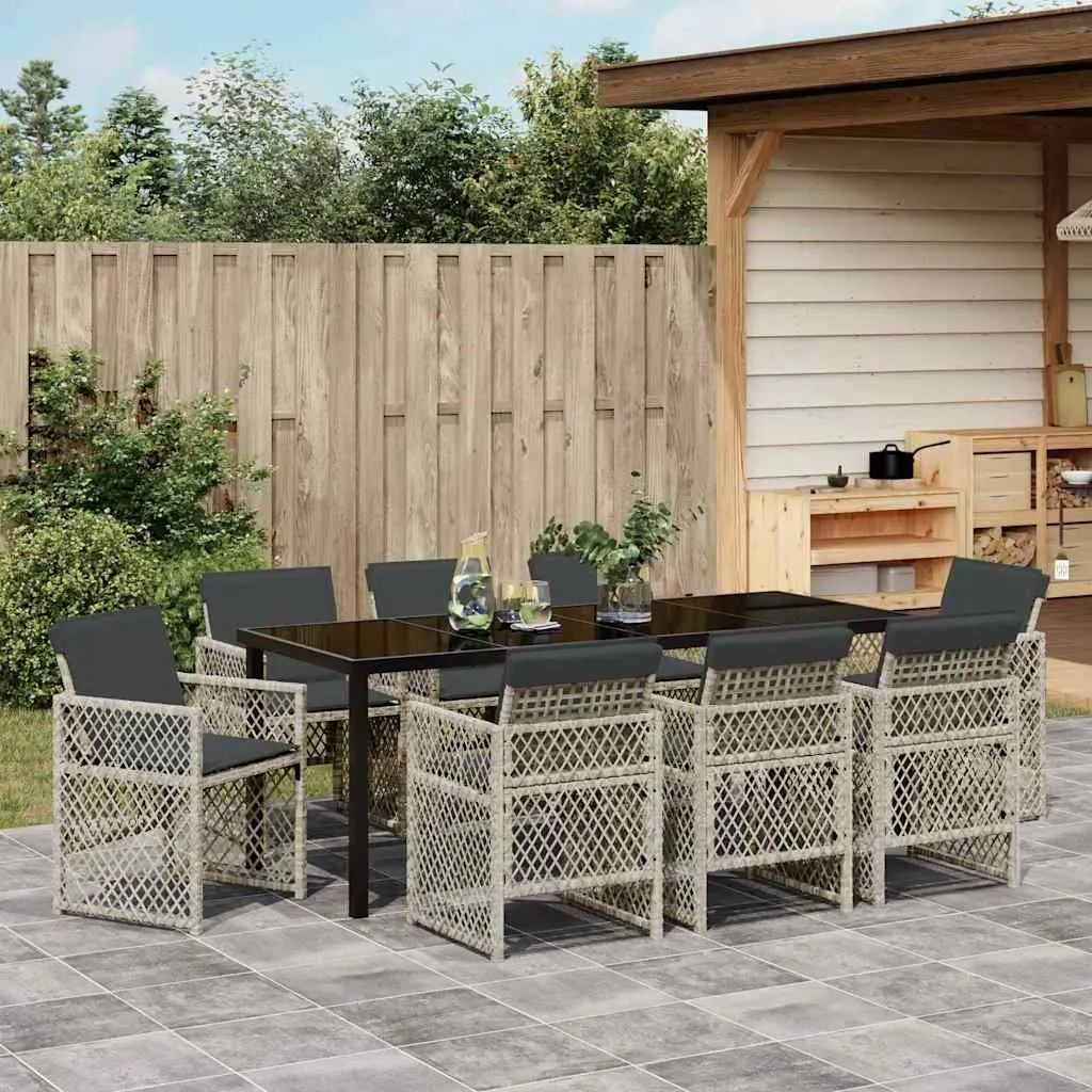 Garden Dining Set 9 Piece Outdoor Furniture Light Grey Tempered Glass Table