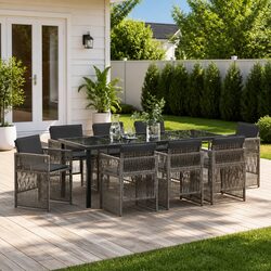 Garden Dining Set 9pcs Grey Powder-Coated Steel Outdoor Furniture Patio Table