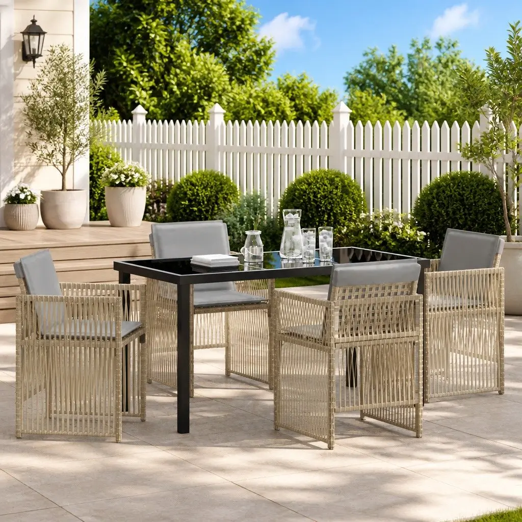 Garden Dining Set 5 Piece Outdoor Furniture Beige Steel Frame Rattan Armrests