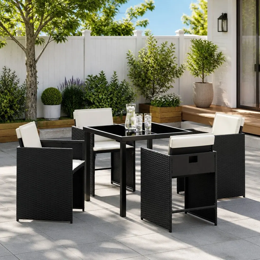 Outdoor Dining Set 5 Piece Black Poly Rattan Garden Furniture Patio Table