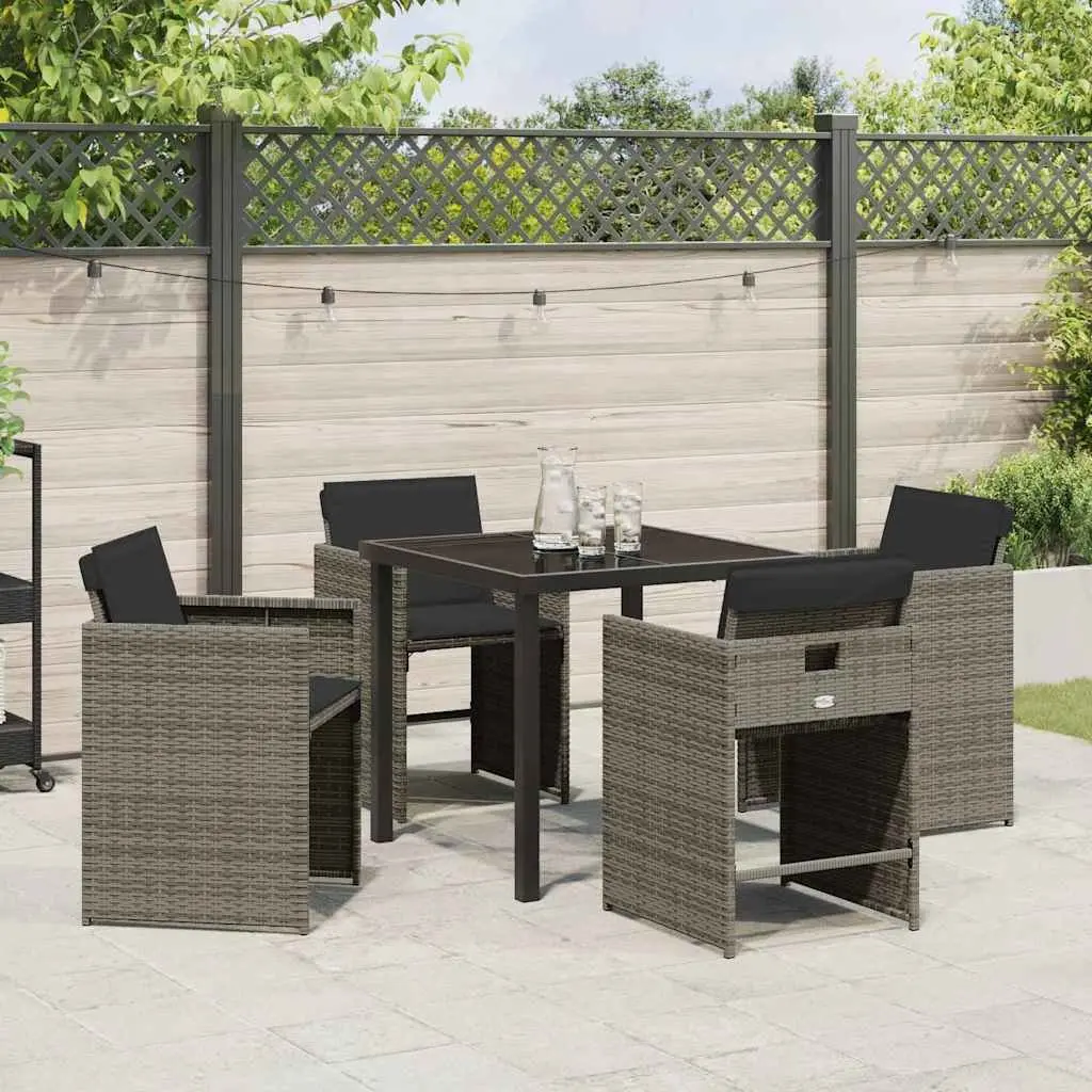 Outdoor Furniture Dining Set 5 Piece Grey Poly Rattan Tempered Glass Table and Chairs