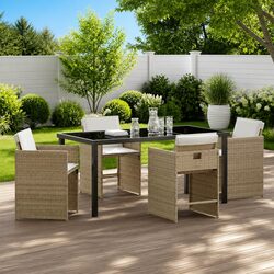 Comfortable 5-Piece Garden Dining Set in Beige Rattan