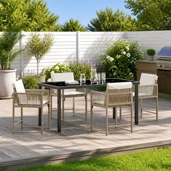 Garden Dining Set 5 Pieces Outdoor Patio Furniture Beige Poly Rattan Steel Frame