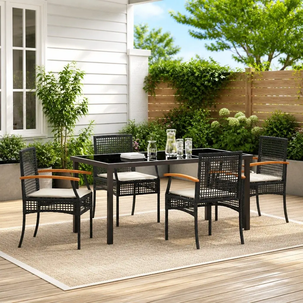 Garden Dining Set 5 Piece Outdoor Furniture Black Rattan Chairs Glass Top Table