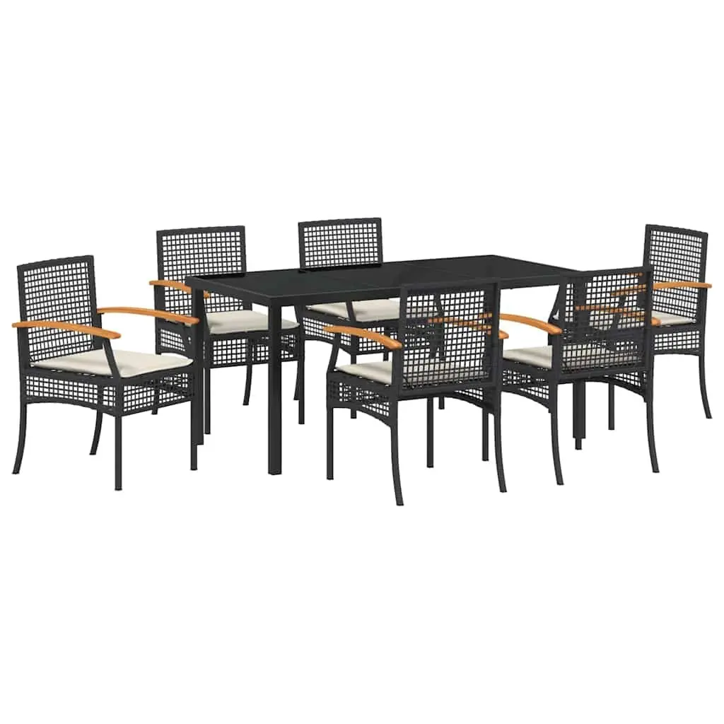 Rattan Garden Dining Set 7 Piece Black Outdoor Furniture with Glass Top Table