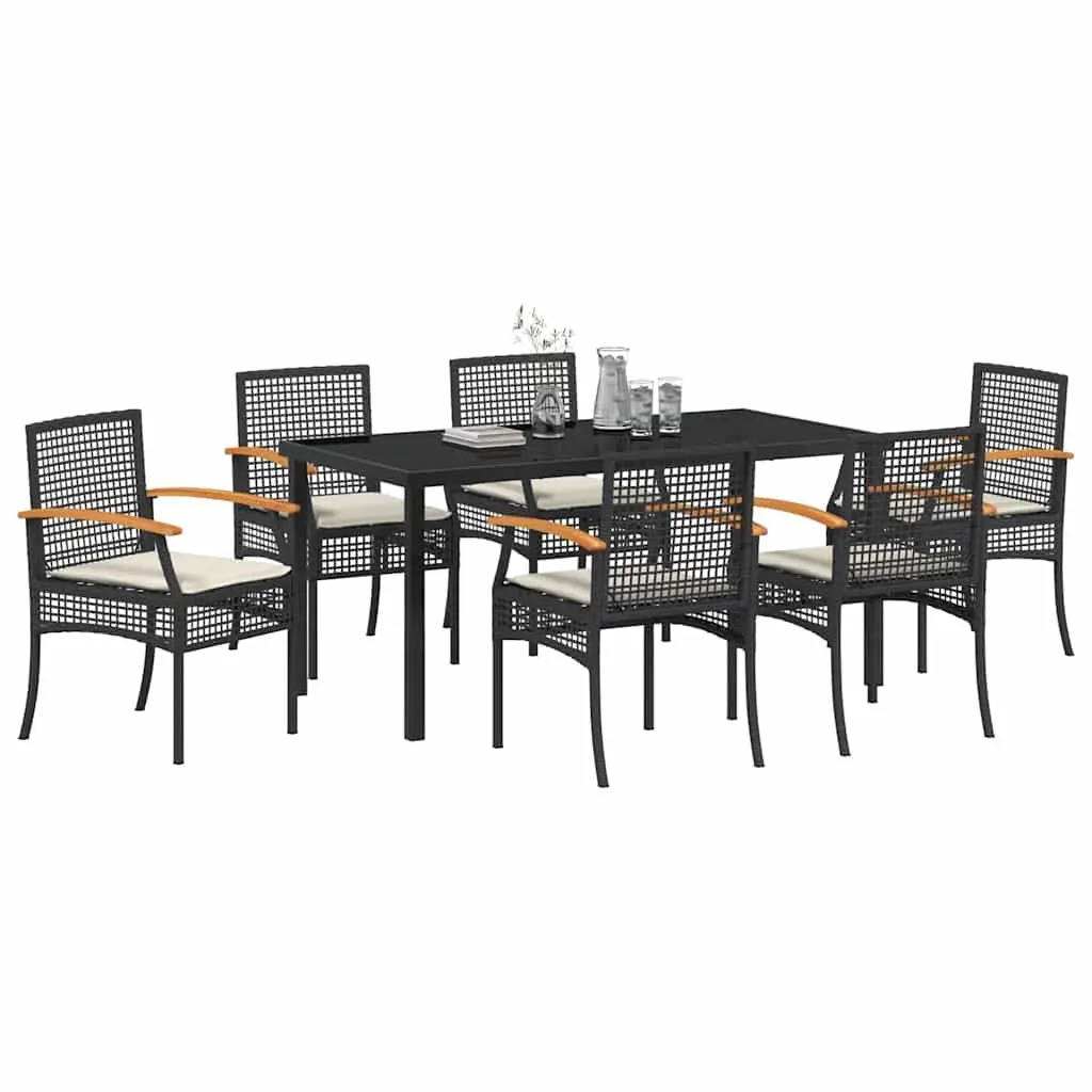 Rattan Garden Dining Set 7 Piece Black Outdoor Furniture with Glass Top Table