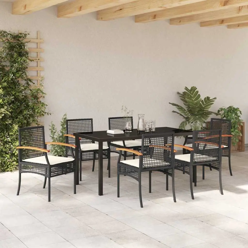 Rattan Garden Dining Set 7 Piece Black Outdoor Furniture with Glass Top Table