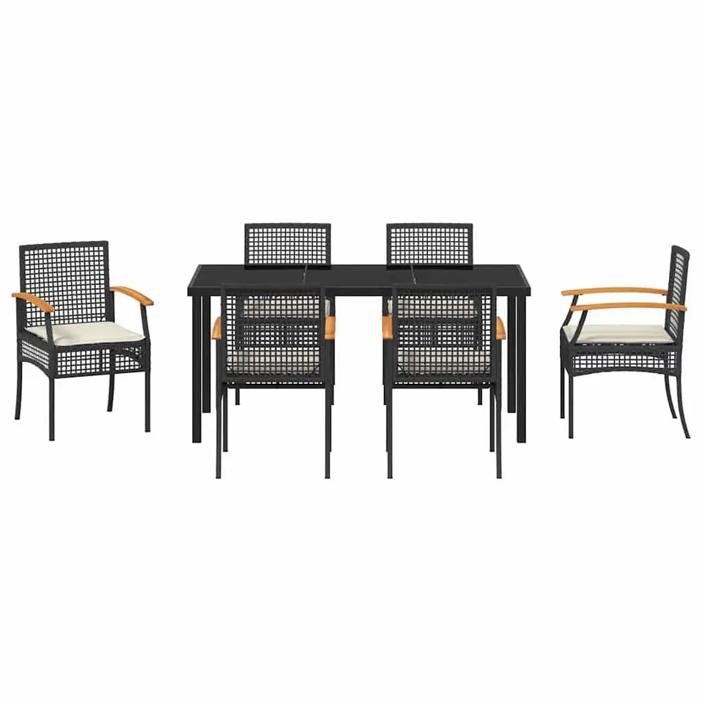 Rattan Garden Dining Set 7 Piece Black Outdoor Furniture with Glass Top Table