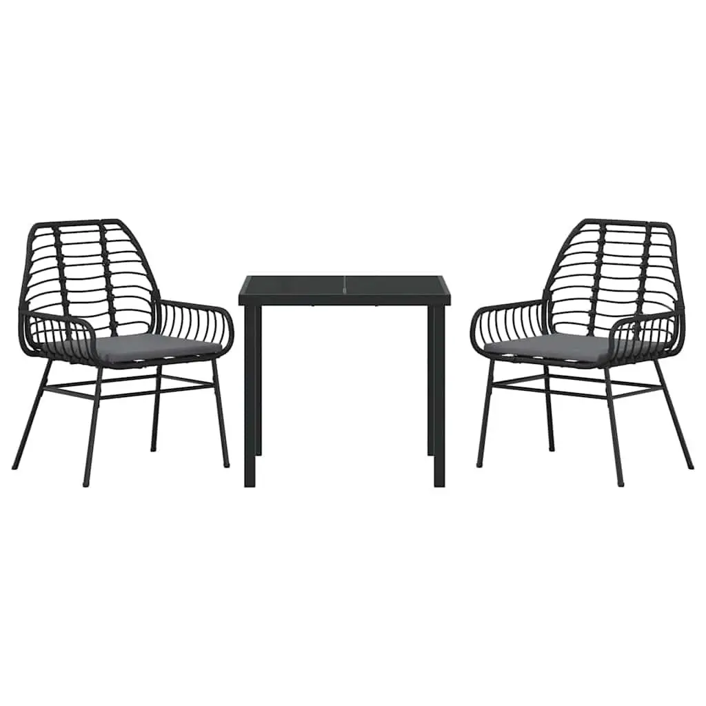 3-Piece Black Poly Rattan Dining Set