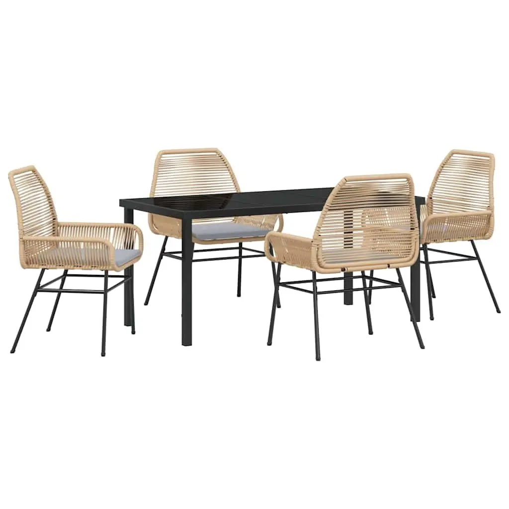 5 Piece Outdoor Dining Set Brown Poly Rattan Table and Chairs with Cushions
