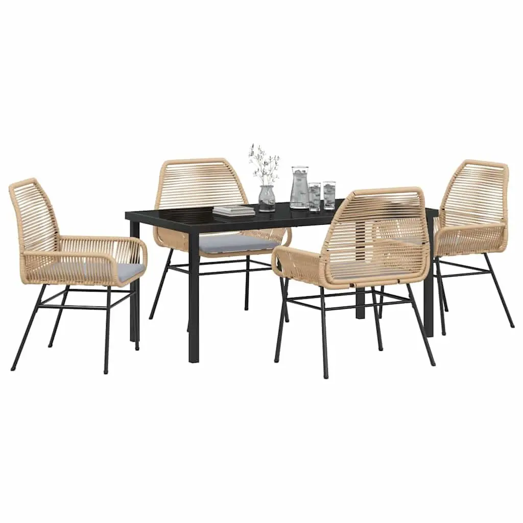 5 Piece Outdoor Dining Set Brown Poly Rattan Table and Chairs with Cushions