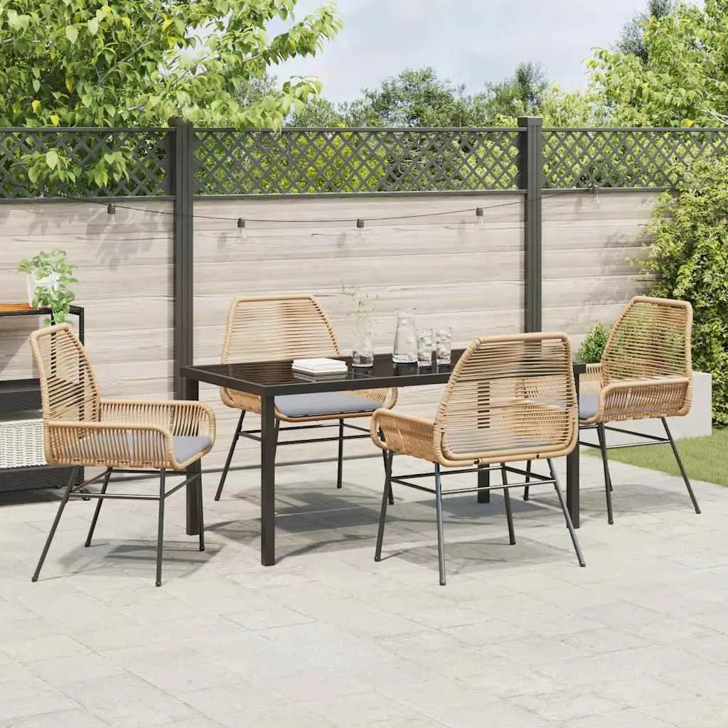 5 Piece Outdoor Dining Set Brown Poly Rattan Table and Chairs with Cushions