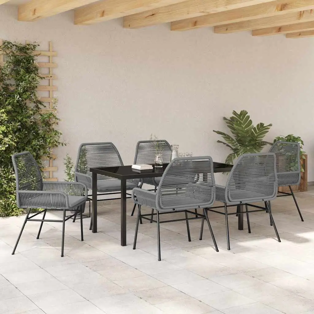 Outdoor Furniture Set 7 Piece Grey Poly Rattan Dining Chairs Table Tempered Glass