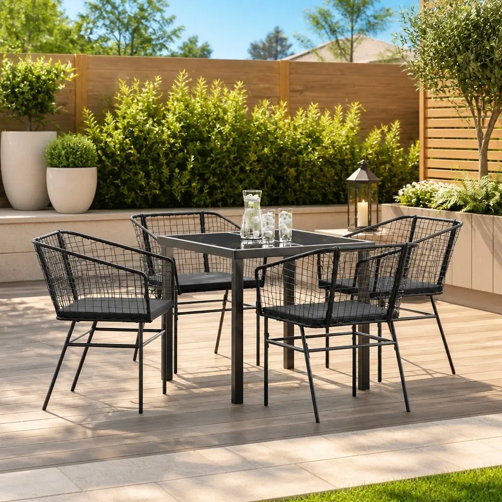 Outdoor Dining Set 5 Piece Black Poly Rattan Garden Furniture Table Chairs