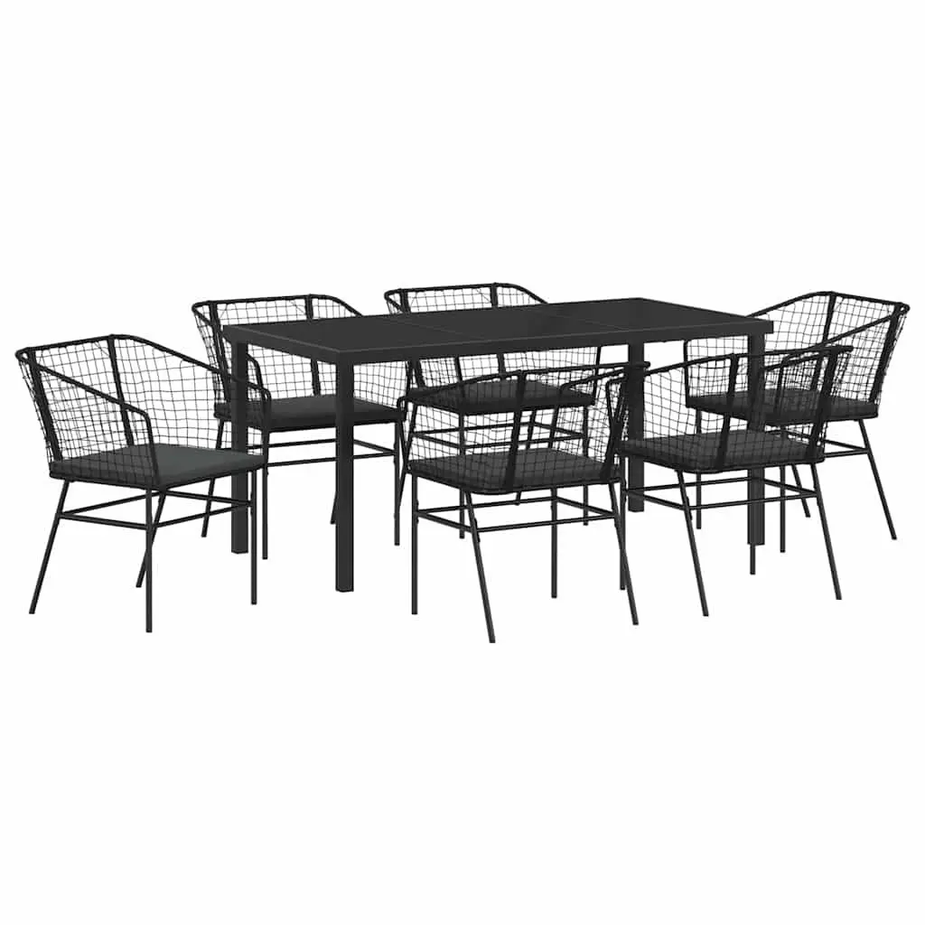 Outdoor Dining Set 7 Pieces Glass Table Black Poly Rattan Garden Furniture