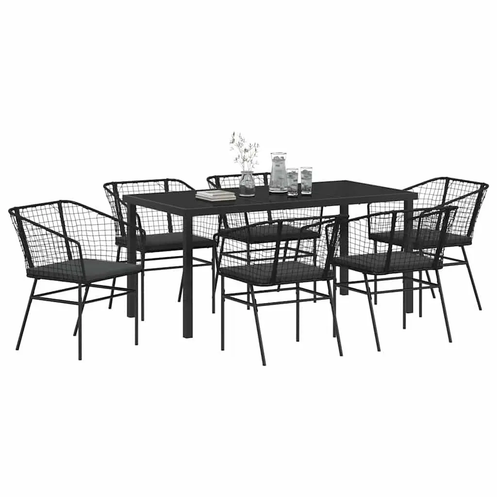 Outdoor Dining Set 7 Pieces Glass Table Black Poly Rattan Garden Furniture