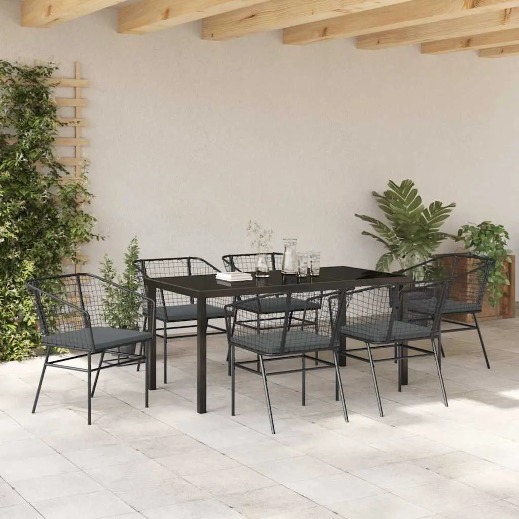Outdoor Dining Set 7 Pieces Glass Table Black Poly Rattan Garden Furniture