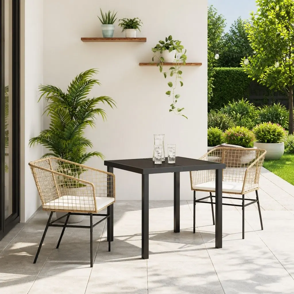 Garden Dining Set 3 Pieces Brown Poly Rattan Outdoor Furniture Glass Tabletop