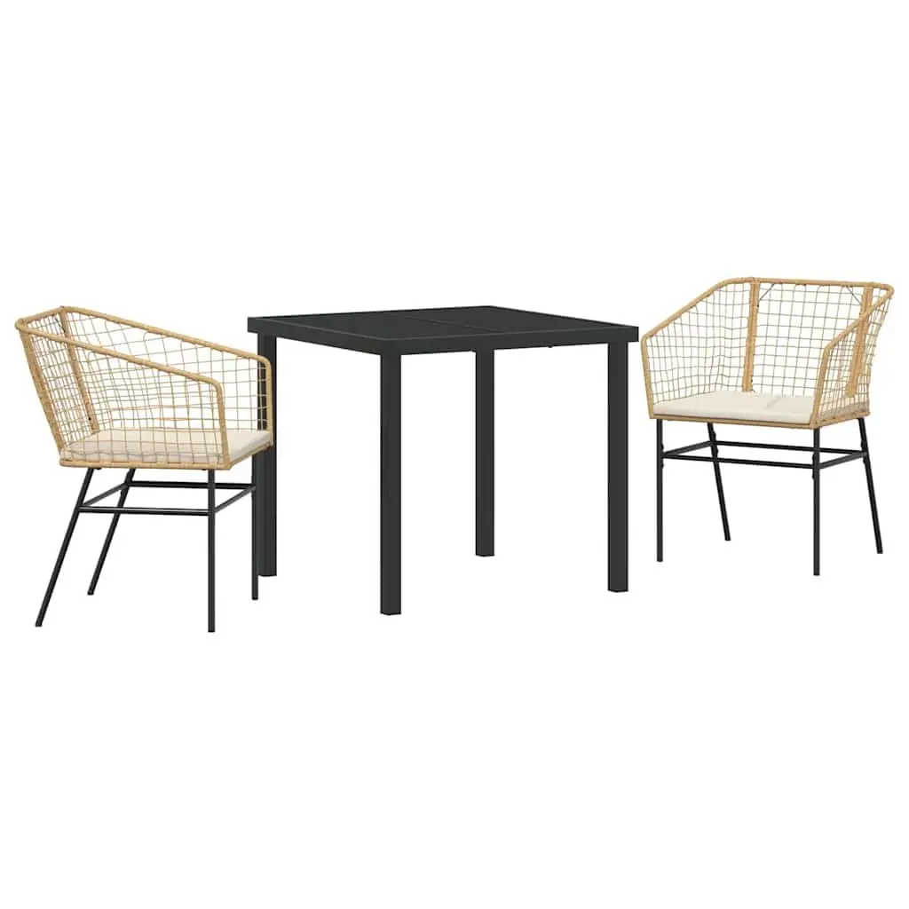 Garden Dining Set 3 Pieces Brown Poly Rattan Outdoor Furniture Glass Tabletop