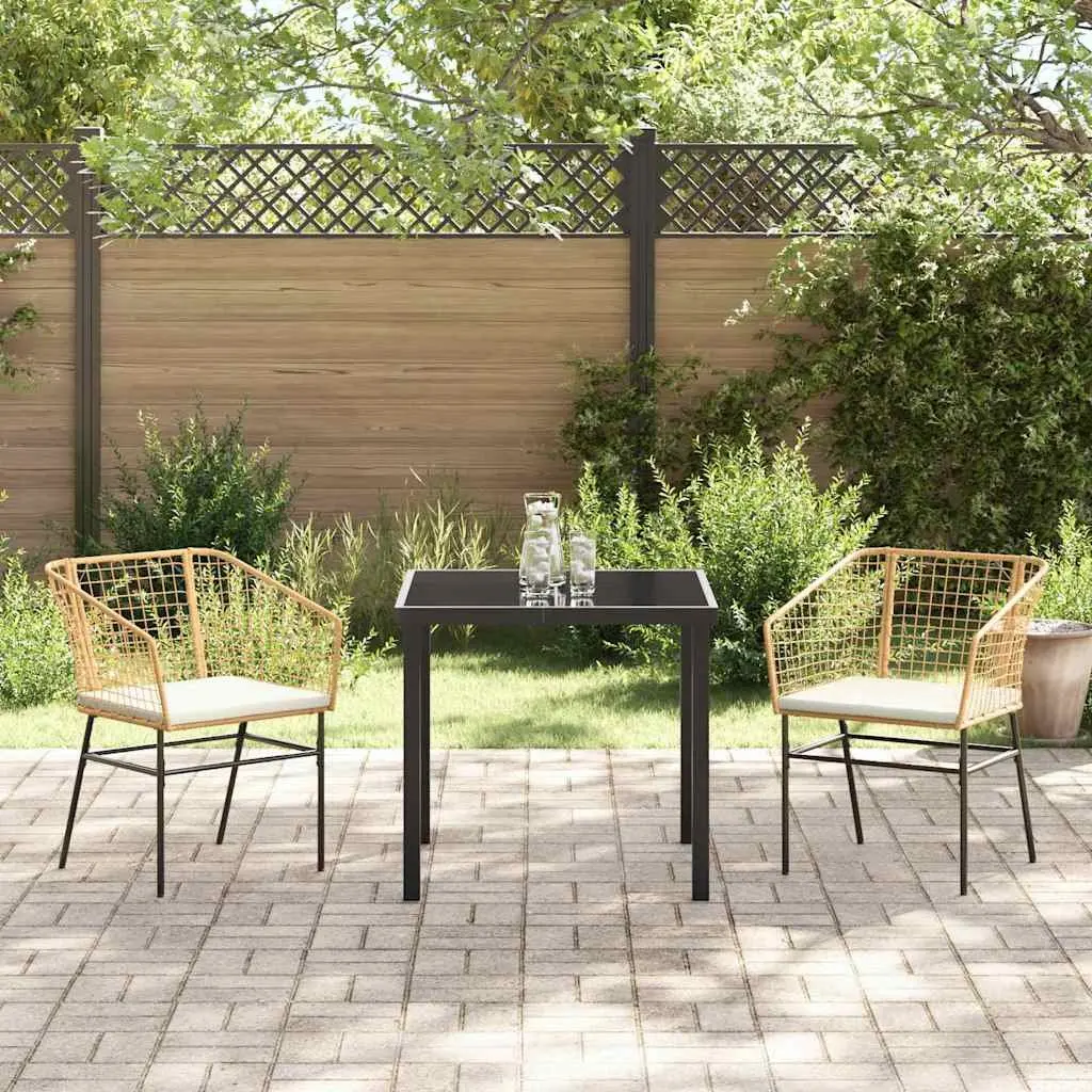 Garden Dining Set 3 Pieces Brown Poly Rattan Outdoor Furniture Glass Tabletop