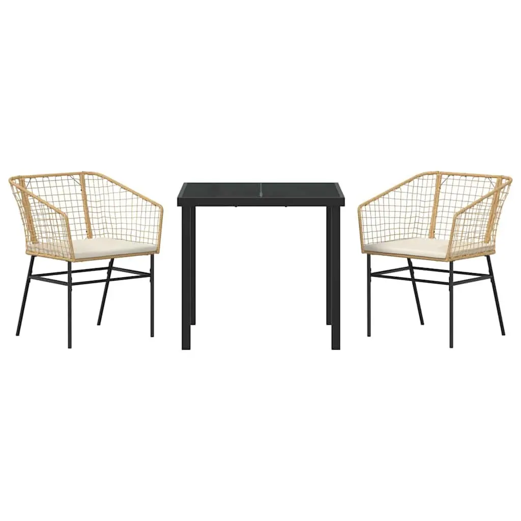 Garden Dining Set 3 Pieces Brown Poly Rattan Outdoor Furniture Glass Tabletop