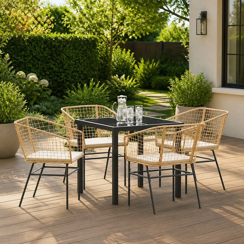 5 Piece Garden Dining Set Outdoor Furniture Brown Poly Rattan Patio Table Chairs