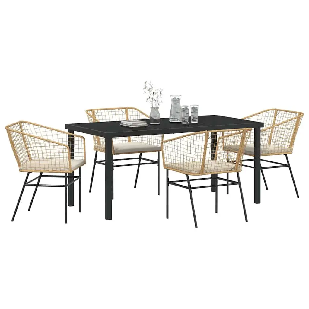 5 Piece Garden Dining Set Outdoor Furniture Glass Top Brown Poly Rattan