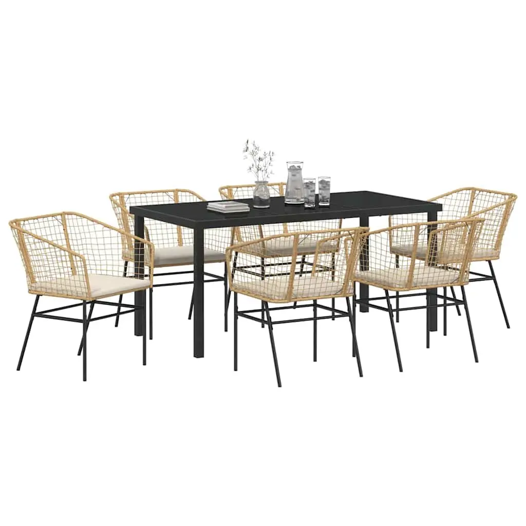 Garden Dining Set 7 Pieces Brown Outdoor Furniture Patio Table Chairs Glass Top