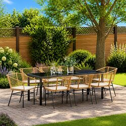 9 Piece Outdoor Garden Dining Set Brown Poly Rattan Glass Top Patio Furniture
